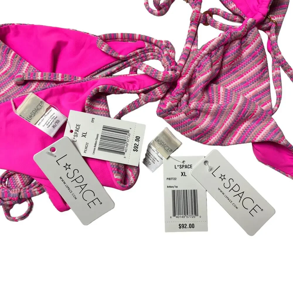 L*SPACE Brittany Top Lennox Bottom Classic Bikini Electric Pique Stripe XL NEW - Picture 7 of 9